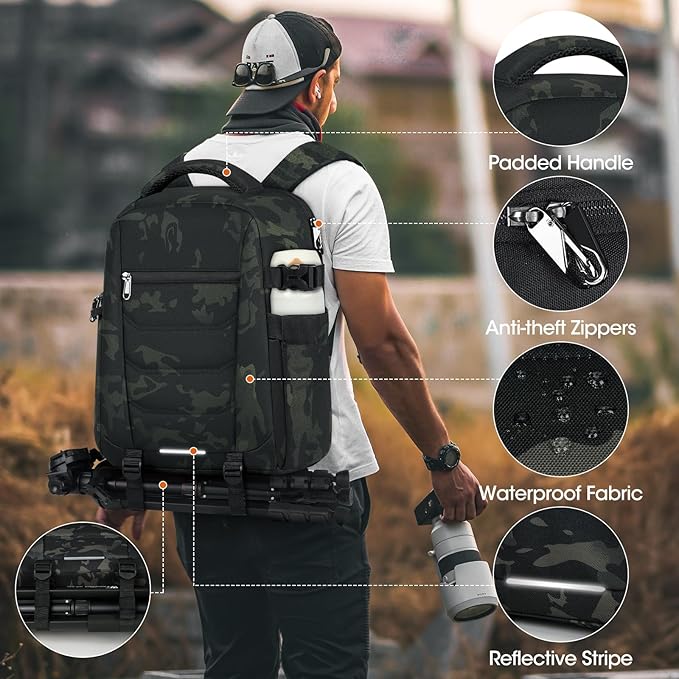SDYSM Camera Bag Backpack Professional for DSLR SLR Mirrorless Camera Waterproof Laptop Back Pack 14 Inch with Rain Cover Anti Theft Travel Case Large Capacity Photography Backpack Camouflage