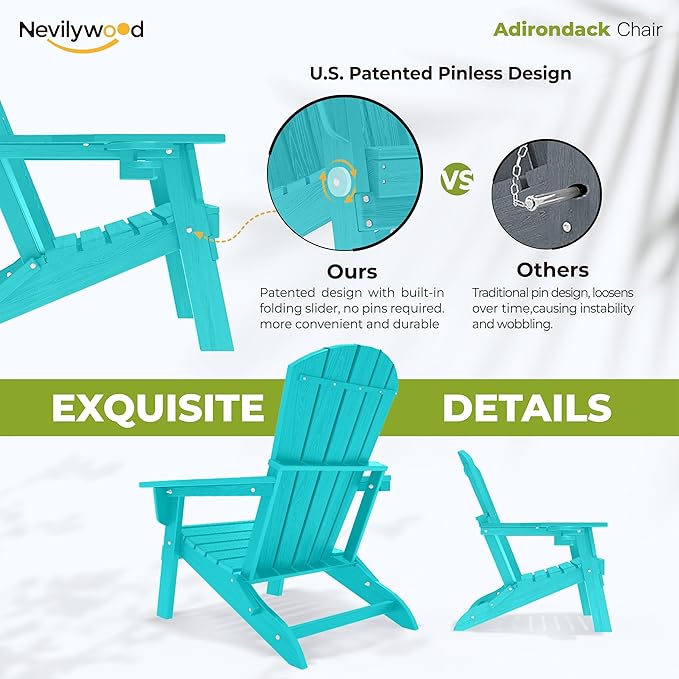 Folding Adirondack Chair - Extended Ergonomic Backrest, Cup Holder - Easy Assembly - Durable HDPE Plastic, Weather Resistant & Maintenance-Free - Lawn, Patio, Deck Supports 380lbs Aruba