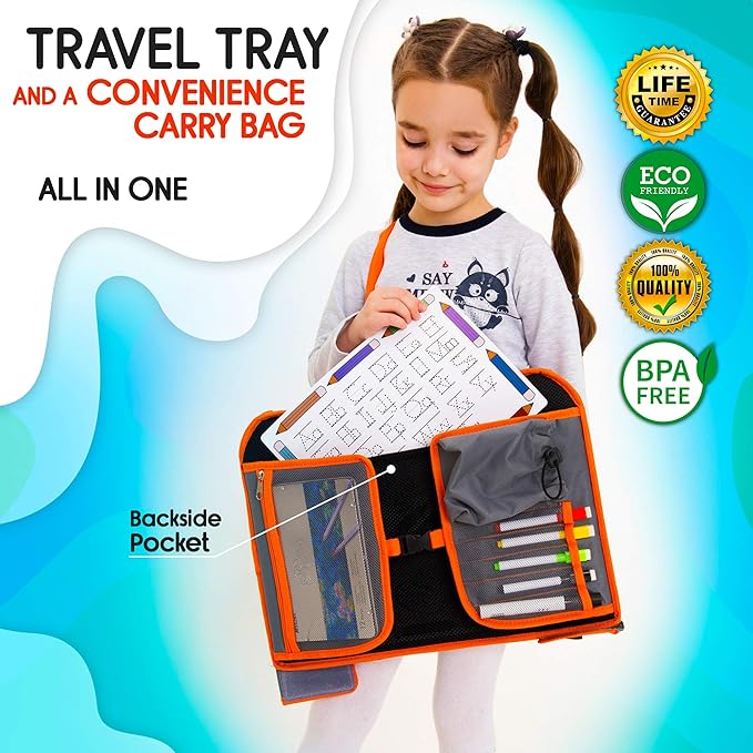 Kids Travel Tray - Waterproof Car Table with No-Drop Large Tablet Holder - Car Seat Tray - Road Trip Must Haves - Kids Lap Desk Organizer for Airplane - Toddler Travel Essentials (Orange)