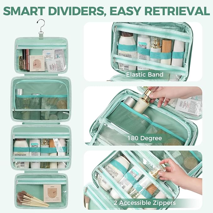 Toiletry Bag For women,Portable Hanging Organizer,4 Leakproof Compartment for full-sized Conditioner, Brushes Set, Makeup Accessories,Visible and easy to access.L-mint
