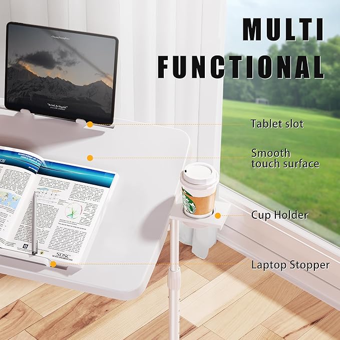 Allpop Ultra TV Tray Table, TV Dinner Tray for Eating, Adjustable Folding Tray Table with Book Stand, Cup Holder, Laptop Stopper & Tablet Slot on Coach & Bed, White