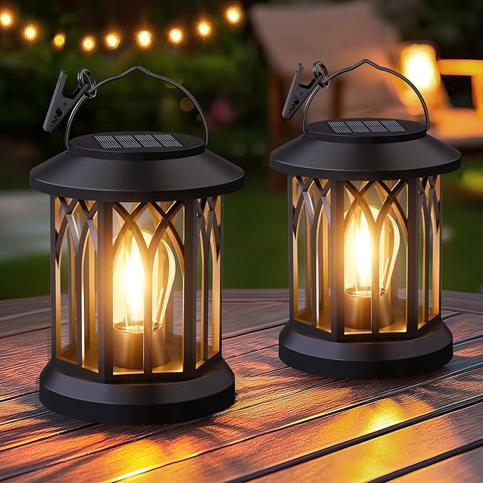 Solar Lanterns Outdoor Waterproof 4-Pack: Hanging Solar Lights for Outside Patio Decor for Garden Bright Black Modern Lanterns Decorative with Clips Gifts for Family Household Newlyweds - Warm Light