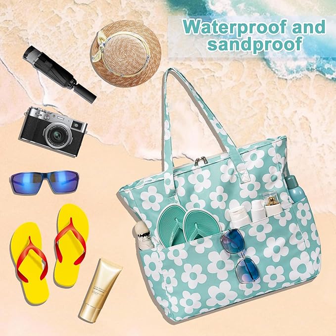 LEDAOU Large Beach Tote Bag Women Waterproof Sandproof Zipper Beach Tote Bag for Pool Gym Grocery Travel with Wet Pocket
