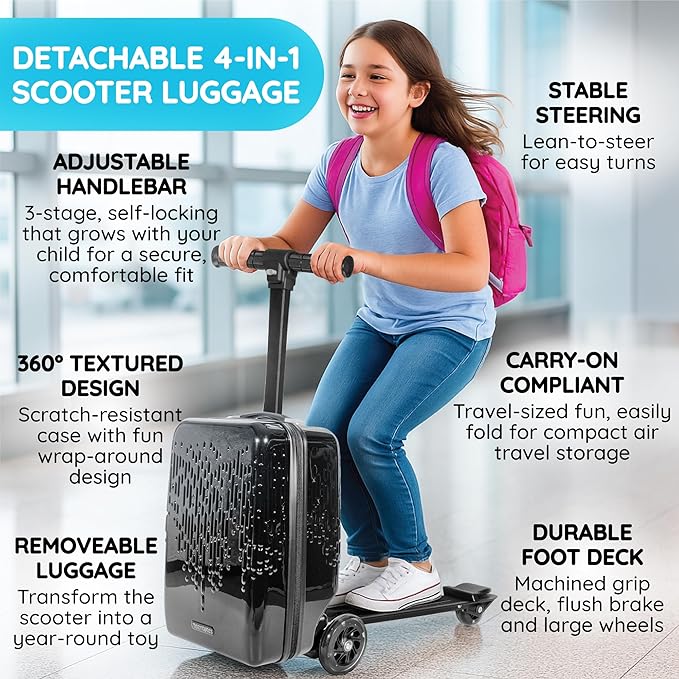 Teen Totes Detachable 4-in-1 Scooter Luggage for Kids – Ride-On Suitcase with Removable Luggage Body, Adjustable Handlebar, Durable Deck & Brake, Carry-On Size – Travel & Play