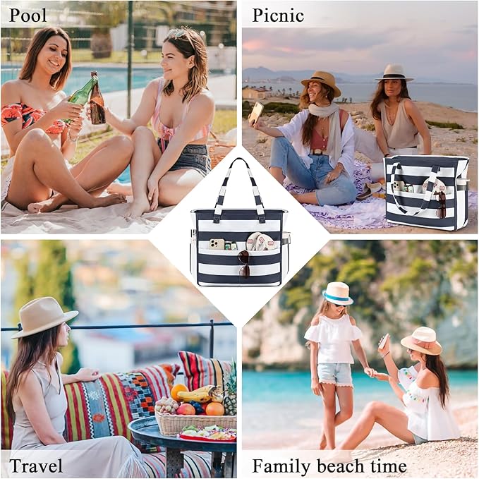 LEDAOU Beach Bag Waterproof Sandproof Women Tote Bag Pool Bag with Zipper for Gym Grocery Travel with Wet Pocket