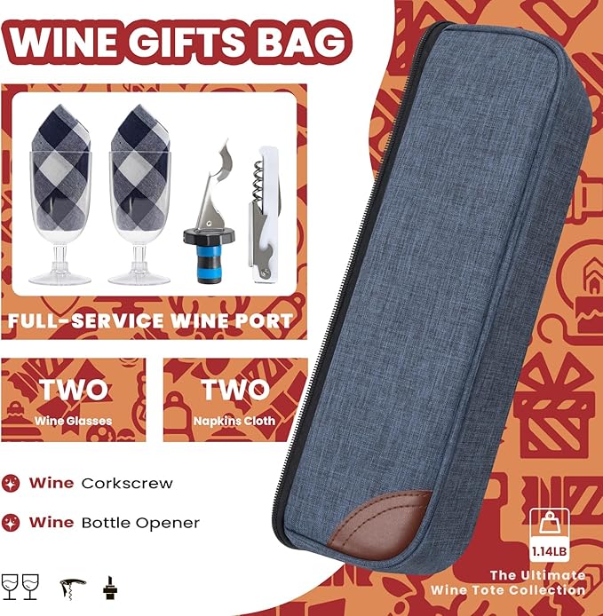 ALLCAMP Wine Tote Bag with Cooler Compartment，Picnic Set Carrying Two Sets of Tableware（Blue）