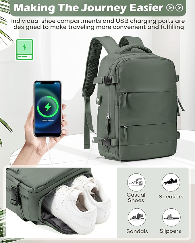 Vacuum Backpack Travel Laptop Backpacks For Women Men Carry On Backpack With Vacuum Compression Bags Seal Packing Personal Item Travel Bag Vacpack Backpacks With Pump Olive Green