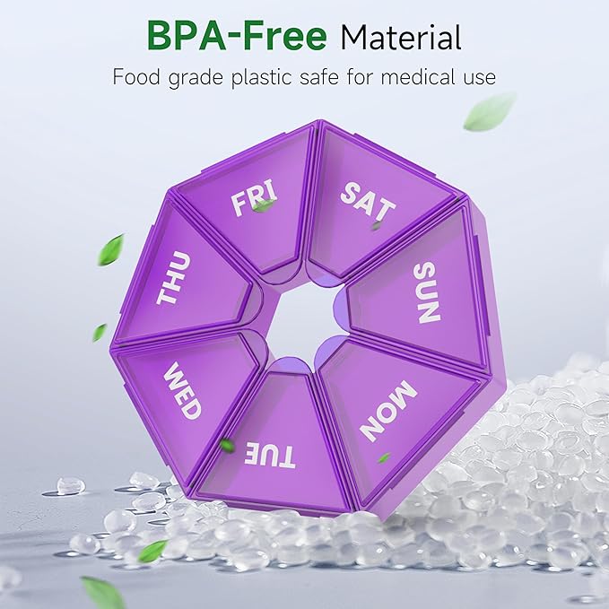 Weekly Pill Organizer, 2 Pack Portable Pill Box Medicine case 6 Colors (Seven Day) New Edition for Vitamin/Fish Oil/Pills/Supplements-Arthritis Friendly (Purple)