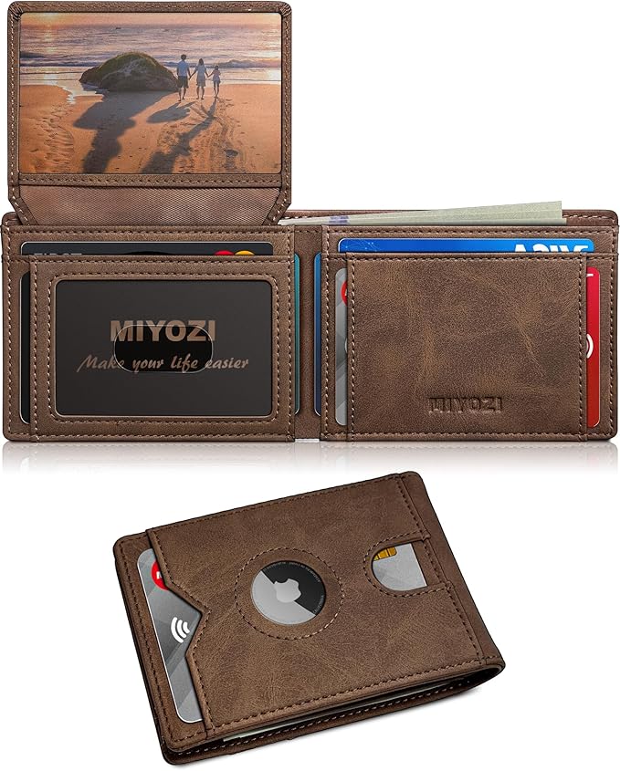Airtag Wallet for Men,with Cash Pocket 2 ID Window 13 Cards,Slim Leather Wallet Front Pocket Card Holder RFID Blocking with Gift Box