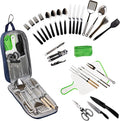 30 Pcs Camp Cooking Utensil Set & Outdoor Kitchen Gear Cookware Kit, Portable Compact Carry Case for Camping, Hiking, Travel, BBQ Grilling Stainless Steel Accessories Spoon & Fork, Navy