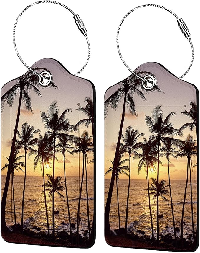 Sunset with Coconut Trees 2 Pack Luggage Tag for Suitcase, Cute Unique Leather Bag Tags Identifiers Privacy Cover ID Label with Steel Loop for Women Men Kids Girls Travel