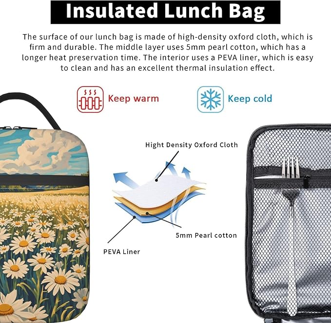 Daisy Flower Lunch Box for Kids Aldults, Nature Floral Reusable Thermal Insulation Cooler Tote Bags, Meadow Wildflower Field Insulated Bag for Student, School Picnic Camping Travel, Gifts