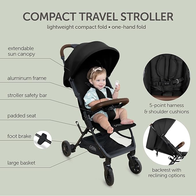 Lightweight Travel Stroller for Baby & Toddlers - Easy Fold & Compact Stroller for Airplane with Canopy, Storage Basket, Multi-Position Recline & Convenient One-Hand Fold, Travel Bag Included (Black)