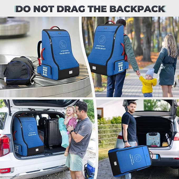 RAINSMORE Padded Car Seat Travel Bag for Airplane Heavy Duty Car Seat Backpack for Air Travel Baby Carseat Cover Bags for Airport Large Car Seats Carrier Fits Car Seats & Booster Seats,Blue