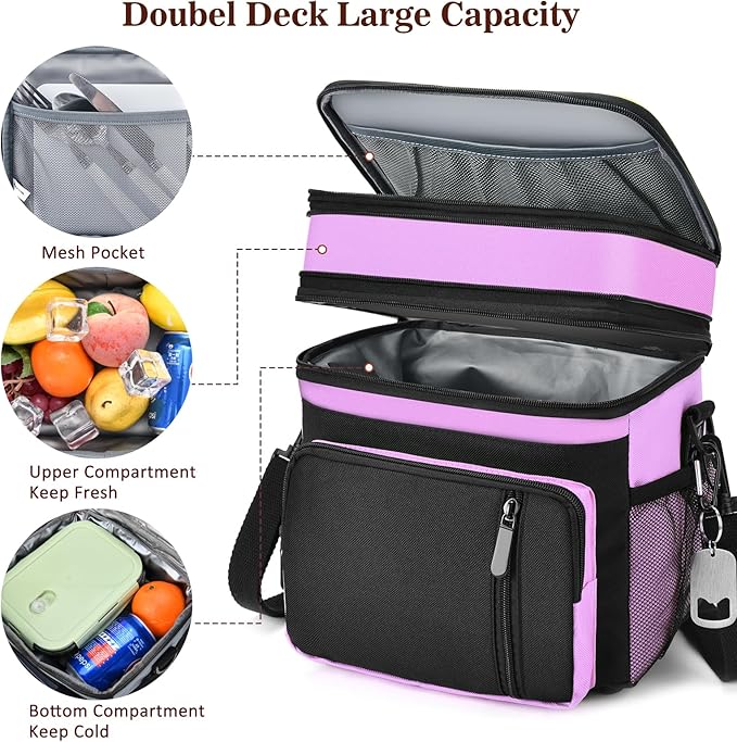 Insulated Lunch Bag Women | Large Adult Lunch Box | Double-Layer Reusable Lunch Bags | Leak-Proof Tote Cooler Bag for Work Picnic Outdoors | 16L, Pink