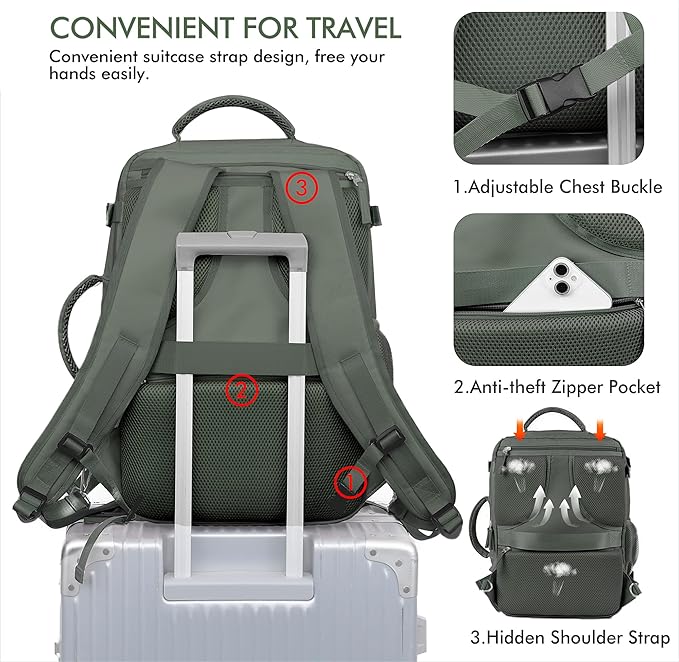 Beraliy Travel Backpack for Men Women, Carry On Backpack, 16 Inch Laptop Backpack, Waterproof Hiking Backpack, Casual Outdoor Daypack College Bag, Olive-green