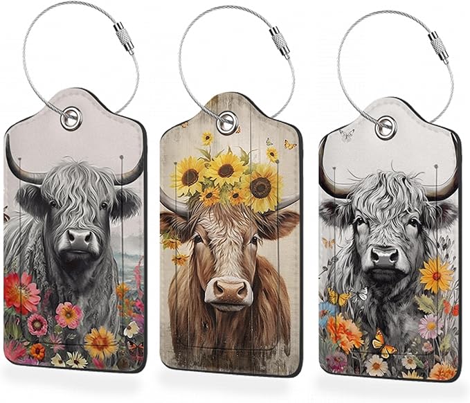 3 Pack Luggage Tag for Suitcase,Highland Cow Leather Luggage Tags with Privacy Cover Name ID Label Identifiers Travel Bag Tags for Women Men Boys Girls