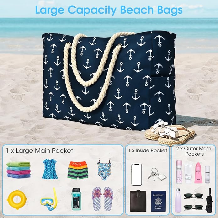 Becokan Beach Bag Large Beach Tote Bag for Women Waterproof Sandproof Swim Pool Bag With Zipper