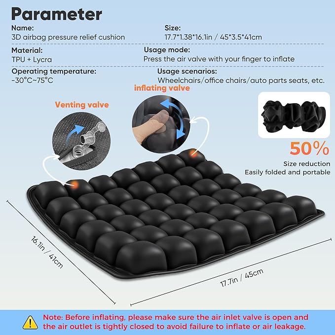Inflatable Seat Cushion, Airplane Seat cushion for Long flights Without Air Pump, Pressure Relief Seat Cushion, Wheelchair cushions Applicable to Various Scenarios, Relief Discomfort in Coccyx&Buttock