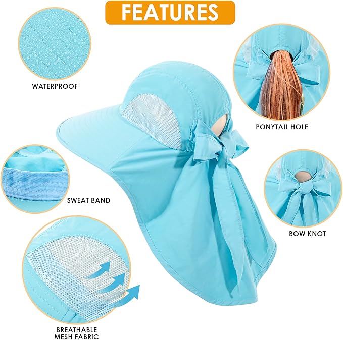 Womens Sun Hat UV Protection, Foldable Waterproof Wide Brim Bucket Hats with Neck Flap for Summer Beach Fishing Hiking