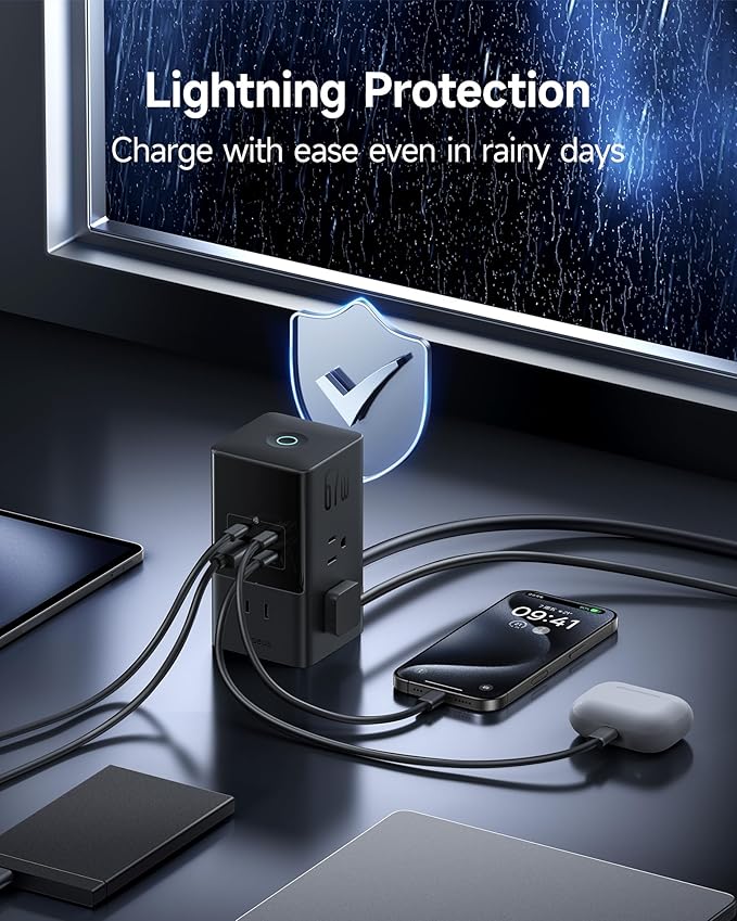 Baseus Charging Station 67W, 10-in-1 USB-C PD Fast Charging Desktop Charger with 1200J Surge Protection, 5ft Extension Cord, 6 AC, 3 USBC, 1 USBA Ports for iPhone 16/15, MacBook, Tablet, Desktop