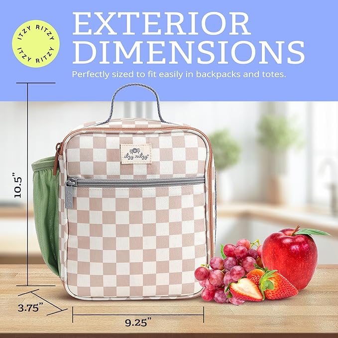 Itzy Ritzy Toddler Lunch Box - Kids Lunch Bag is Insulated and Includes Water Bottle Holder Plus 2 Pockets - Durable, Easy to Clean Toddler Bag (Checkerboard)
