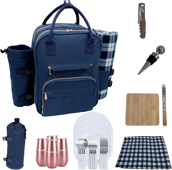 Truvelli Picnic Backpack for 4 with Blanket – 12-in-1 Insulated Picnic Basket Backpack Set with‬ Wine Holder, Cheese Board & Cutlery – Premium Picnic Back Pack for Family & Group‬ Adventures, Blue