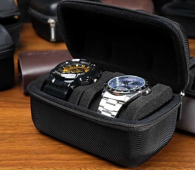 Hard Compact Watch Roll travel case, 2 Slots Portable holder and Organizer with Soft Pillow, keep watch from moving(fit up to 55 mm)