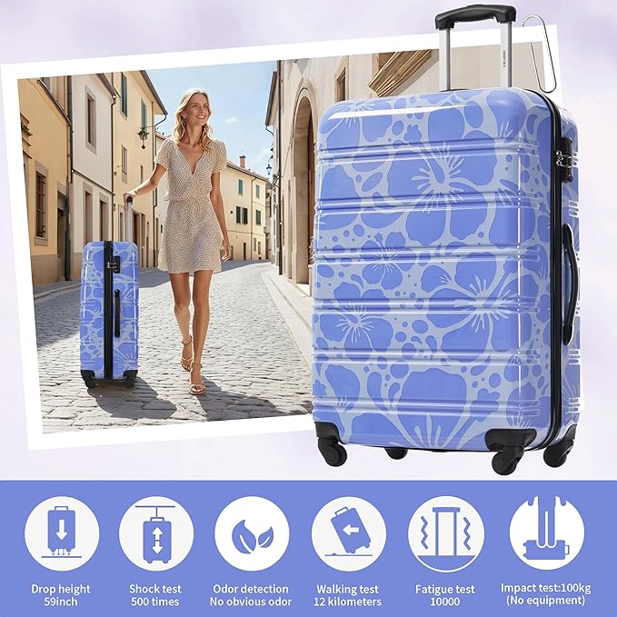 Merax Luggage Sets 3 Piece, Hardside Suitcase Set with Spinner Wheels, Lightweight Printing Luggage Carry on,20+24+28 IN,Blue