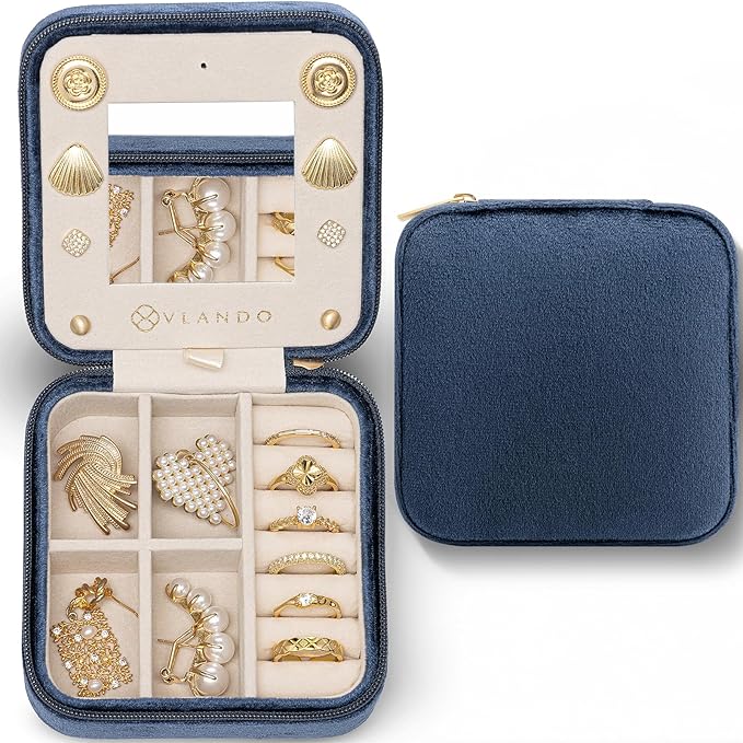 Vlando Velvet Jewelry Case, Travel Box for Women, Portable Organizer With Mirror - Small, Dark Blue