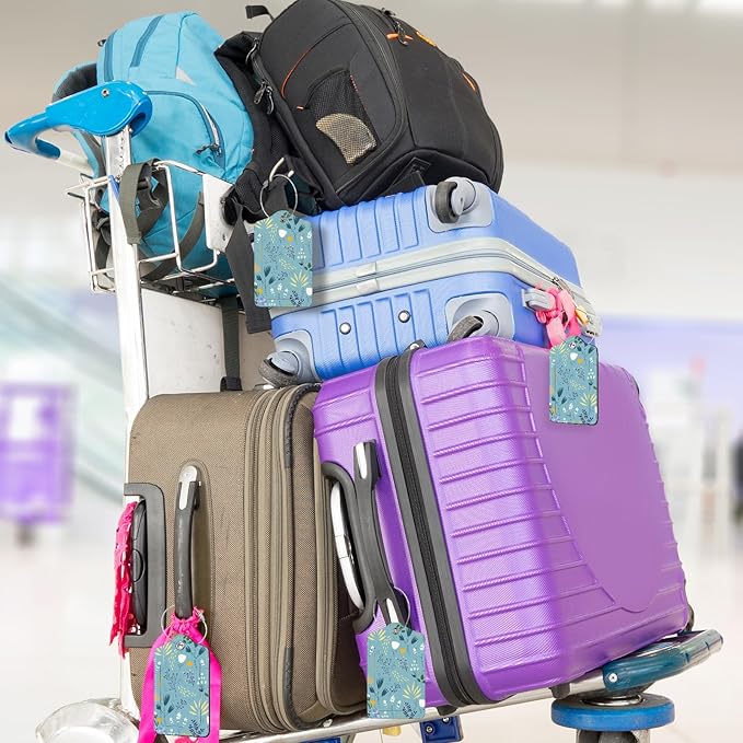 2Pack Luggage Tags for Suitcases, Cute Unique Pu Leather Cruise Luggage Tag with Privacy Cover ID Label Address Card and Metal Ring Suitable for Women Men Kids Girls Travel Bag Tag Blue Floral Print