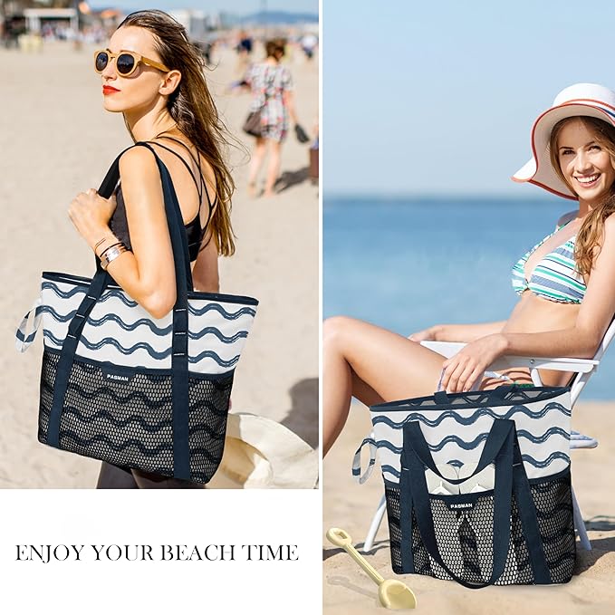 Beach Bag with Zipper - 8 Pockets Sandproof Beach Tote Bag for Women,Foldable Lightweight Family Swim Bag Vacation