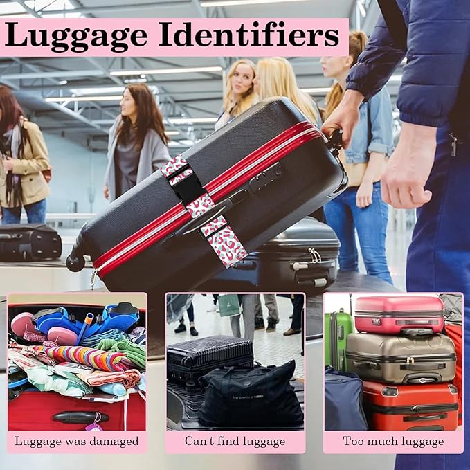 Pink Leopard Luggage Straps for Suitcases TSA Approved, Luggage Identifiers for Suitcase, Adjustable Suitcase Strap for Baggage Security with Cute Patten, Travel Necessary Accessories