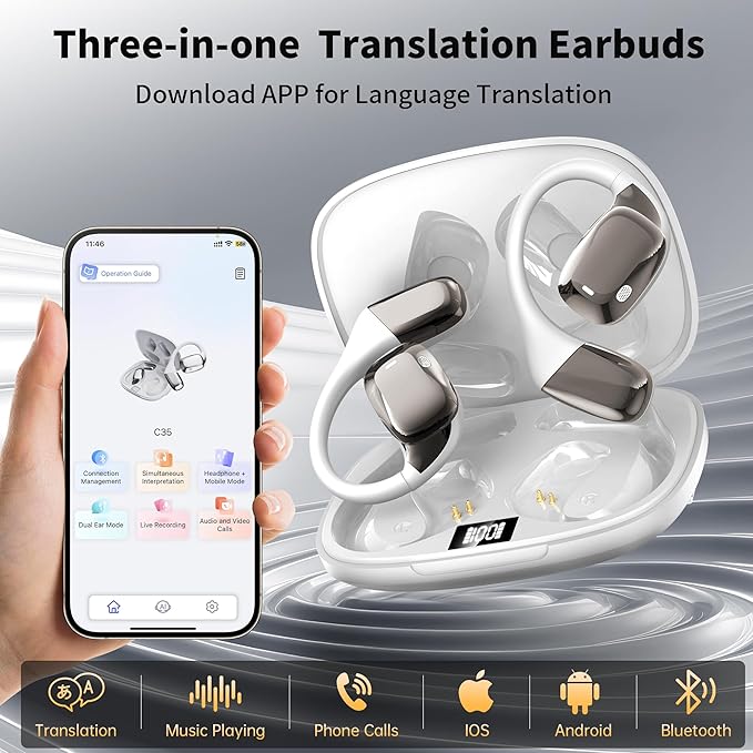 AI Translation Earbuds Real Time Languages Translator Ear Buds Audifonos Traductores Inglés Español 3-in-1 Translating Wireless Earphone Bluetooth Headphones for Travel Business Meeting Learning White
