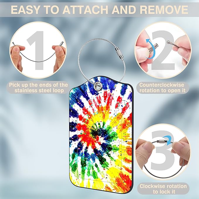 2 Pack Luggage Tags for Suitcases Colorful Rainbow Tie Dye Leather Luggage Tags Privacy Cover ID Label with Stainless Steel Loop and Address Card for Women Men Travel Bag Backpack