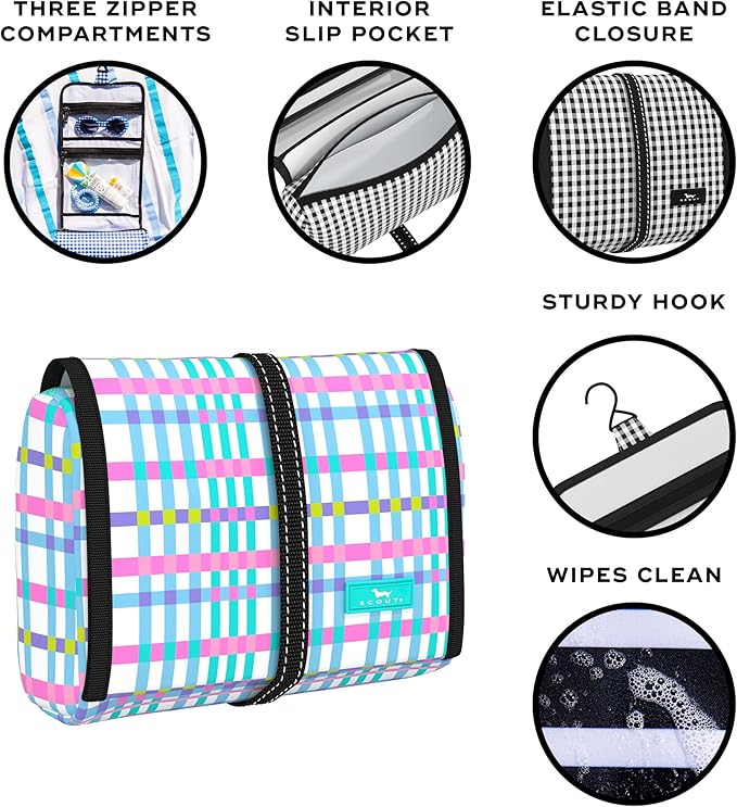 SCOUT Beauty Burrito Hanging Toiletry Bag - Cosmetic Organizer with 3 Compartments, Rolls Up to Pack, Hook for Hanging