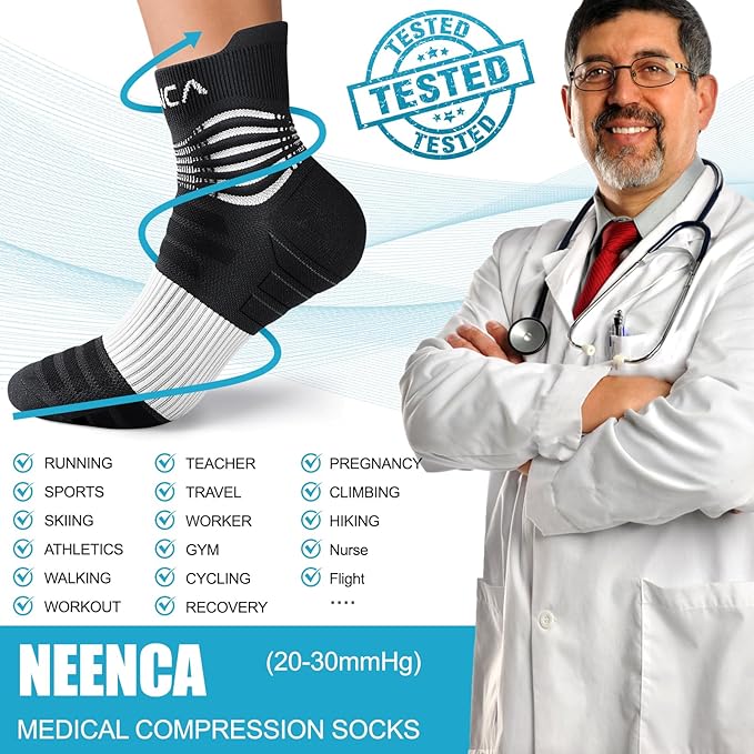 NEENCA Professional Compression Socks, Medical Athletic Ankle Socks for Injury Recovery & Pain Relief, Sports Protection, Circulation —1 Pair, 20-30 mmhg