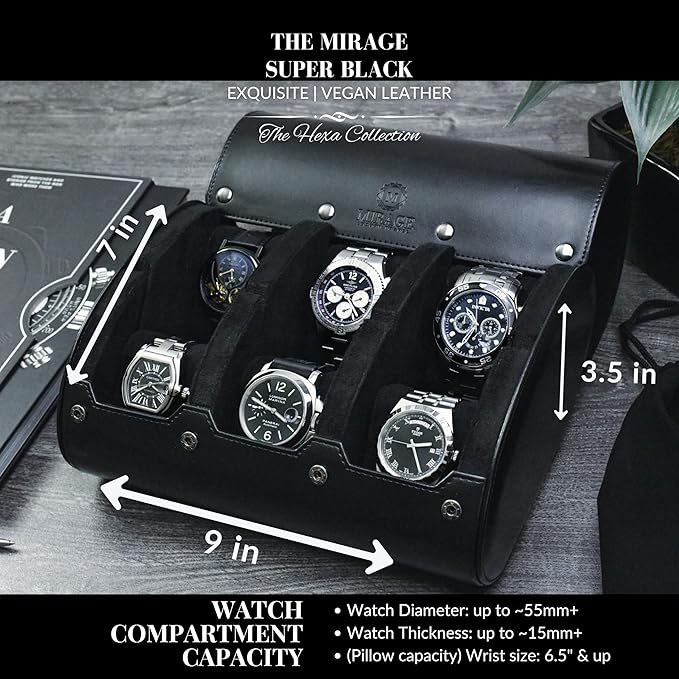 Black Watch Case for Men - 6-watch Roll Travel Case by Mirage - Super Black motif design