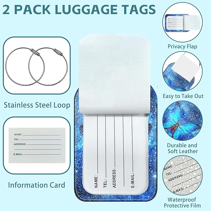 Blue Butterfly Luggage Tag for Suitcase Set of 2 PU Leather Cute Luggage Tags with Stainless Metal Loop ID Label Privacy Flap Suitcase Tags for Women and Men Travel