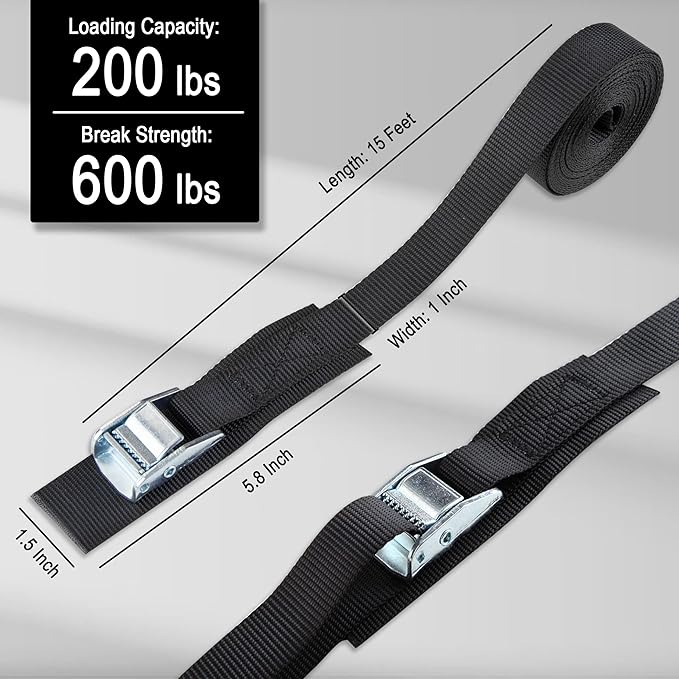 Cartman 1" x 15'Lashing Straps with Adjustable Cam Buckle Cargo Tie Down with Protective Pad, 8 Pack, Black