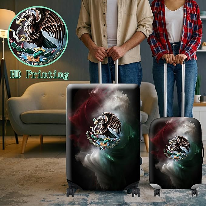 Luggage Cover + Tag, Mexican Flag Eagle Travel Suitcase Protector for 18-20 inch Luggage (S) with Concealed Zipper, Washable Elastic Cloth, Dustproof, Anti-Scratch
