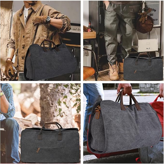 2 in 1 Canvas Leather Suit Luggage Garment Bag with Shoulder Strap for Travel and Business Trips (Black)