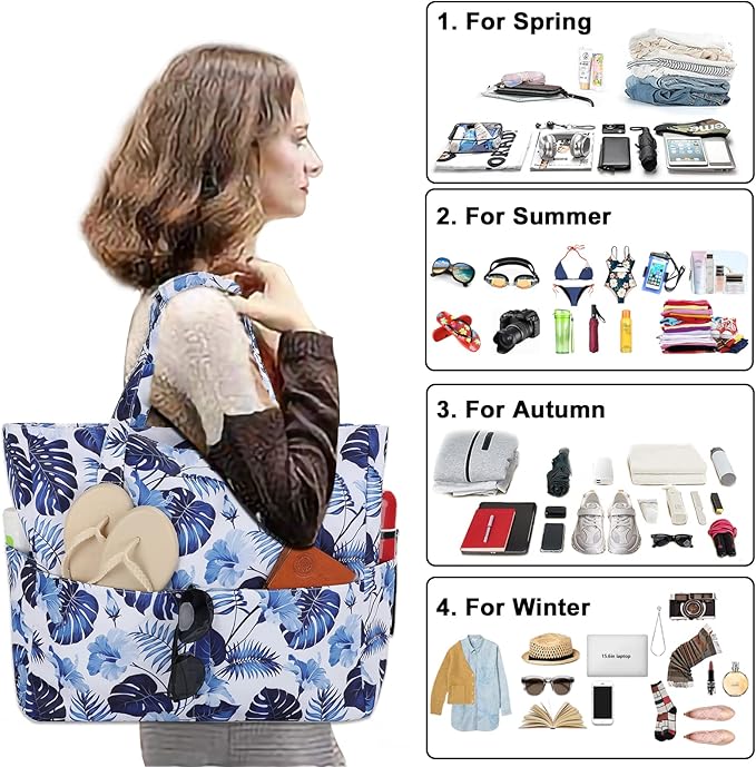 LEDAOU Large Beach Tote Bag Women Waterproof Sandproof Zipper Beach Tote Bag for Pool Gym Grocery Travel with Wet Pocket