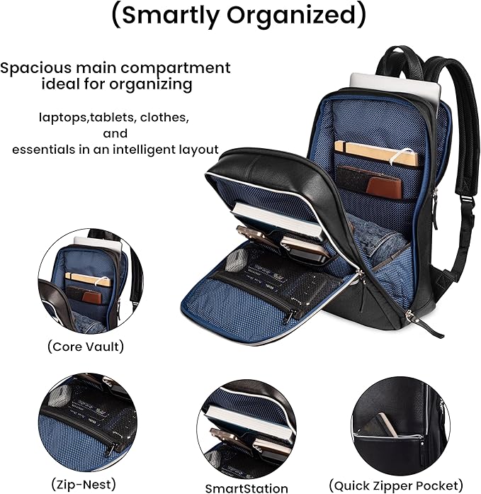 LEATHER VILLAGE Leather Laptop Backpack for Men |Black | Slim Professional Business Bag Fits 15.6”-Laptop | Water-Repellent Work & Travel Daypack with Trolley Strap