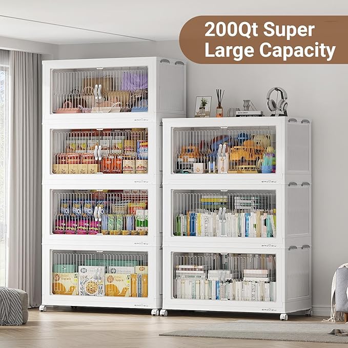 BROVIEW 600Qt Extra Large Stackable Storage Bins with Lid, Closet Organizer Collapsible Drawer Boxes with Wheels, Folding Plastic Cabinet Containers for Home Kitchen Room Organization, 3Pack White