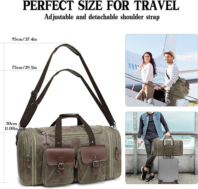 Waxed Canvas Duffle Bag for Men 50L Travel Duffel Bags Expandable Genuine Leather Duffel Overnight Weekender Carry On Bag Two Zipper Pockets Travel Bag (Vintage Grey, Large-50L)