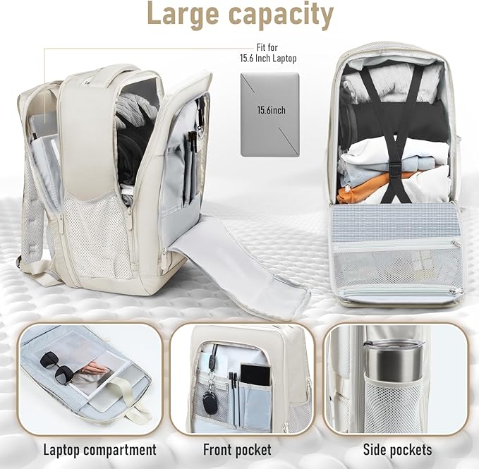 Travel Backpack, Business Anti Theft Slim Sturdy Laptops Backpack with USB Charging Port, Water Resistant College School Laptop Bag for Men & Women Fits 15.6 Inch Notebook (Beige)