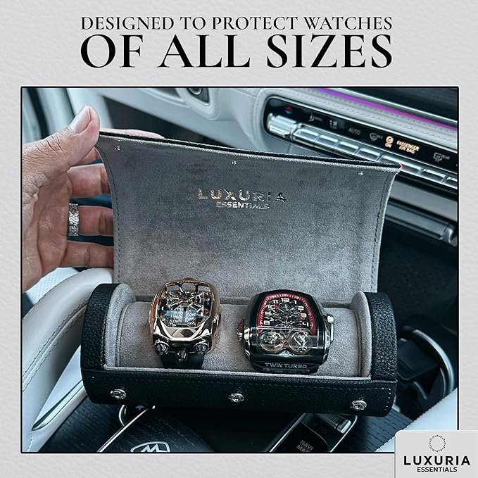 Watch Roll Travel Case for 2 Watches | Hidden Jewelry Storage Compartment, Genuine Leather Watch Roll with Dust Bags & Cleaning Cloth | Fits Men's Wrist Watches & Smartwatches