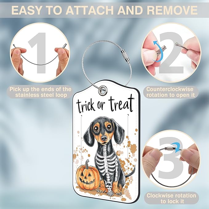 Halloween Funny Dachshund Dog and Pumpkin Set of 2 Luggage Tags for Suitcases Leather Suitcase Tags with Privacy Name Address Label and Stainless Steel Loop for Women Men Travel Luggage Accessories