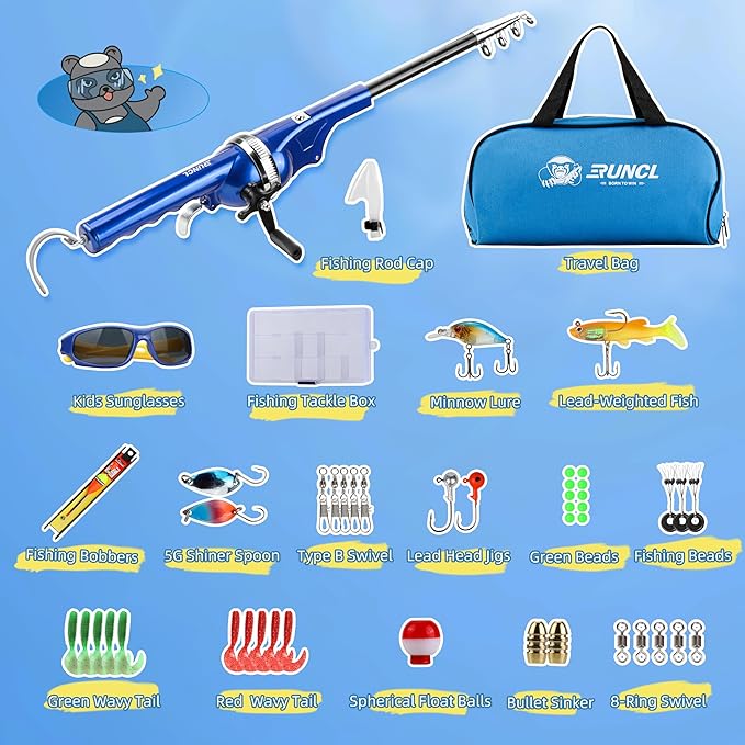 RUNCL Kids Fishing Pole - Portable Folding Fishing Rod and Reel Combo Kit with Spincast Fishing Reel, Kids Sunglasses, Tackle Box, Travel Bag, Gift for Youth